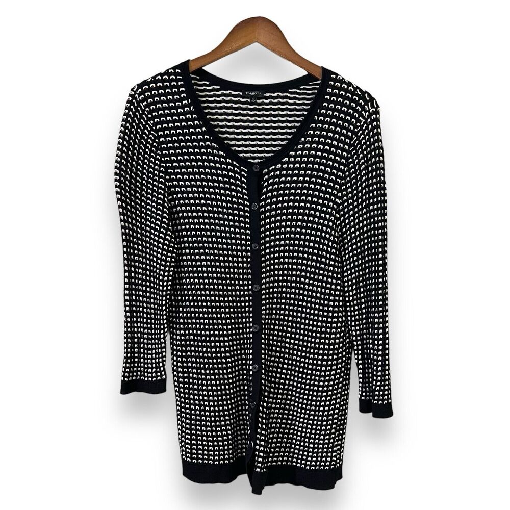 Talbots Woman 1X Cardigan Black White Open Knit Sweater Corpcore Office Classic